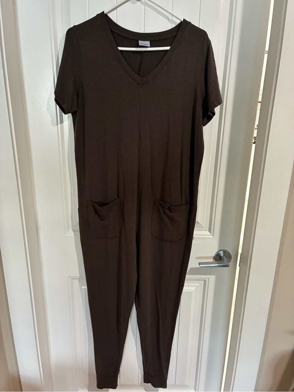 Jax and Lennon Everyday V-Neck Brown Short-Sleeve Jumpsuit with Front Pockets